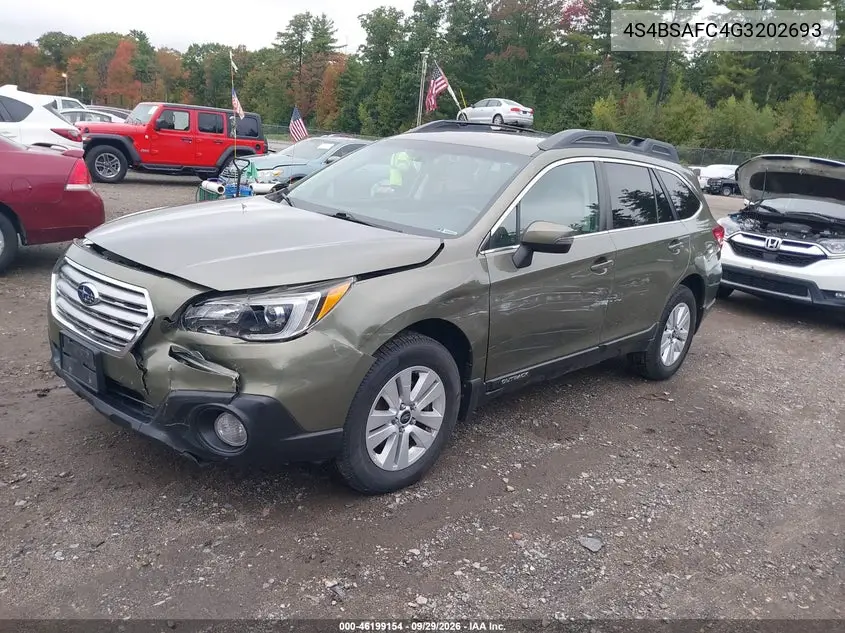 2016 SUBARU OUTBACK VIN 4S4BSAFC4G3202693 — фото 2