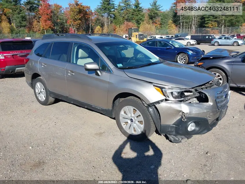 SUBARU OUTBACK 2016, VIN 4S4BSACC4G3248111