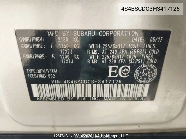 2017 SUBARU OUTBACK VIN 4S4BSCDC3H3417126 — фото 10