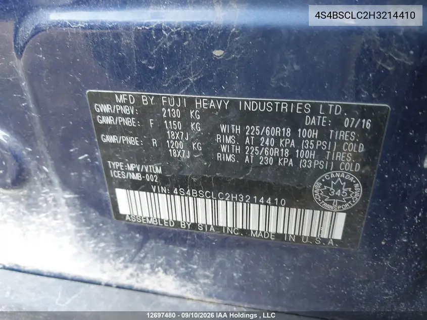 2017 SUBARU OUTBACK VIN 4S4BSCLC2H3214410 — фото 9