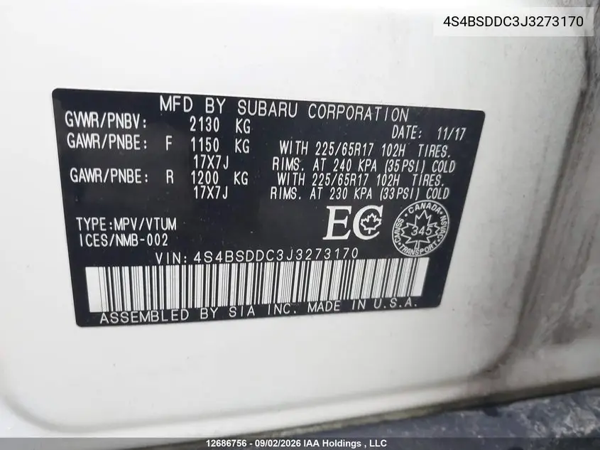 2018 SUBARU OUTBACK VIN 4S4BSDDC3J3273170 — фото 9