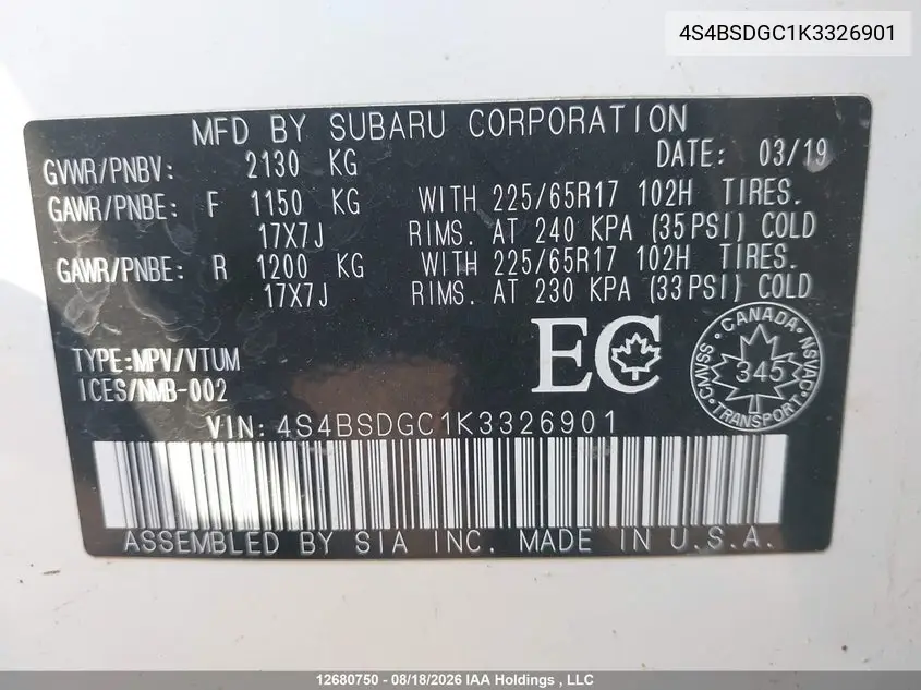 2019 SUBARU OUTBACK VIN 4S4BSDGC1K3326901 — фото 18
