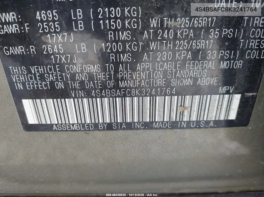 2019 SUBARU OUTBACK VIN 4S4BSAFC8K3241764 — фото 9