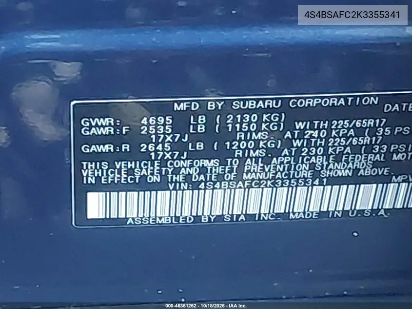 2019 SUBARU OUTBACK VIN 4S4BSAFC2K3355341 — фото 9
