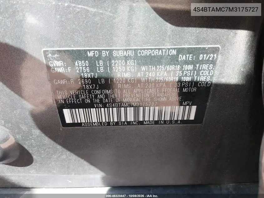 2021 SUBARU OUTBACK VIN 4S4BTAMC7M3175727 — фото 9