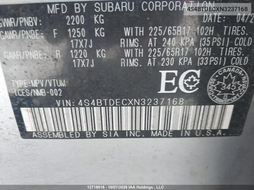 2022 SUBARU OUTBACK VIN 4S4BTDECXN3237168 — фото 9