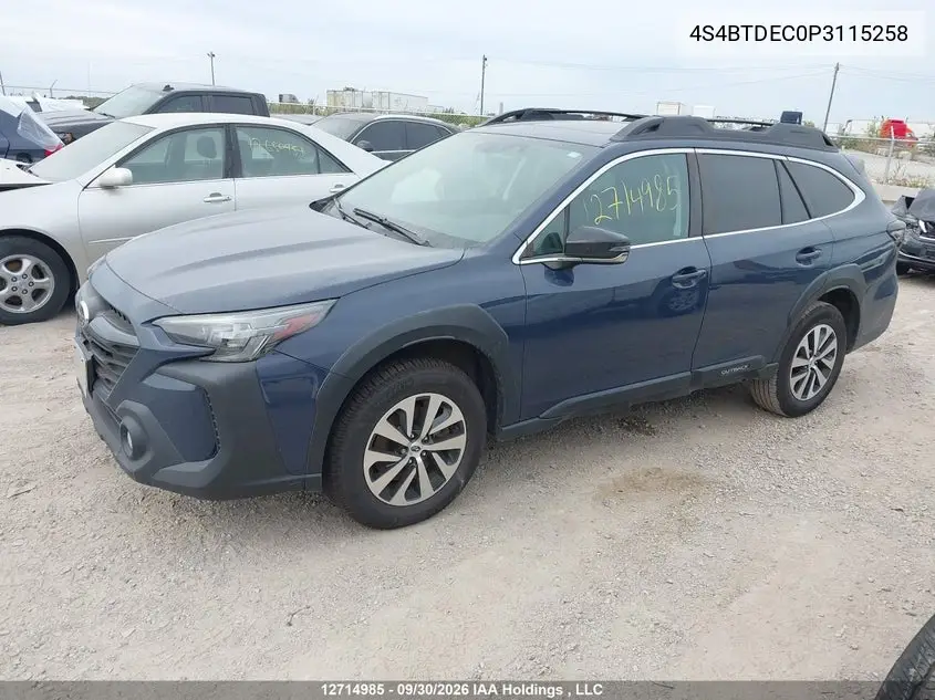 2023 SUBARU OUTBACK VIN 4S4BTDEC0P3115258 — фото 2
