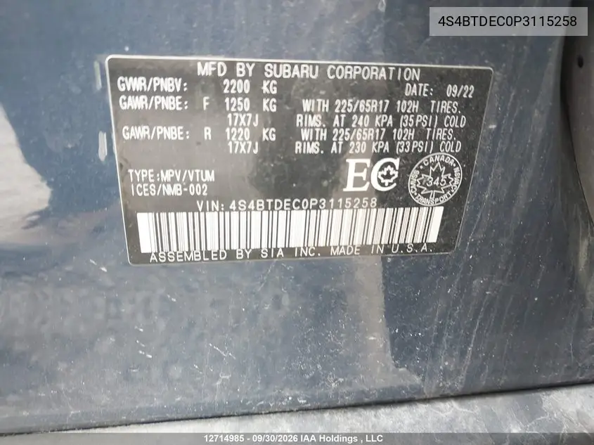 2023 SUBARU OUTBACK VIN 4S4BTDEC0P3115258 — фото 9