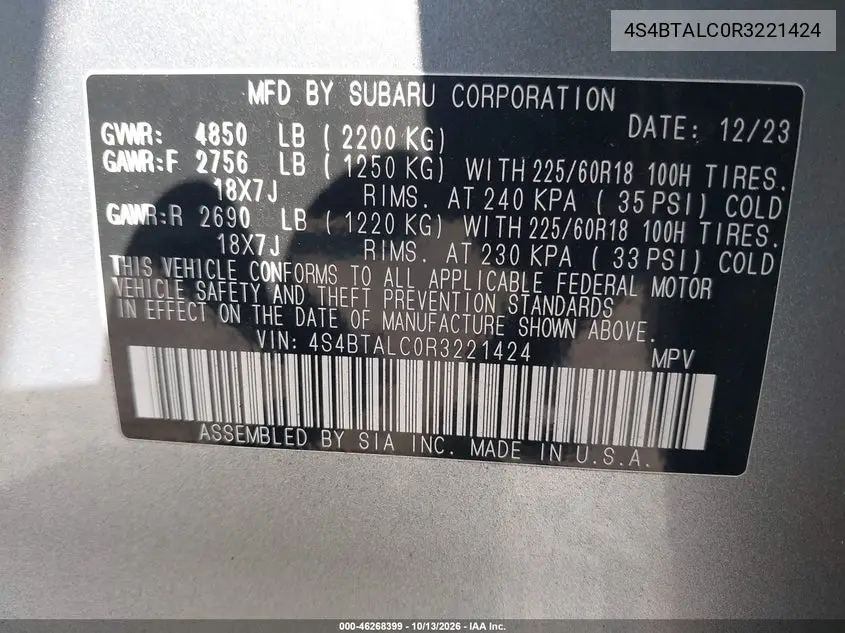 2024 SUBARU OUTBACK VIN 4S4BTALC0R3221424 — фото 9