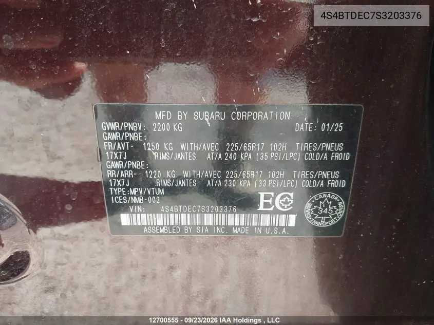 2025 SUBARU OUTBACK VIN 4S4BTDEC7S3203376 — фото 9