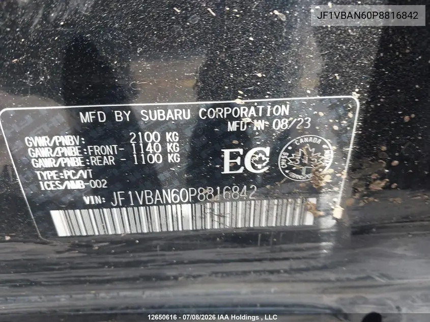 2023 SUBARU WRX VIN JF1VBAN60P8816842 — фото 9
