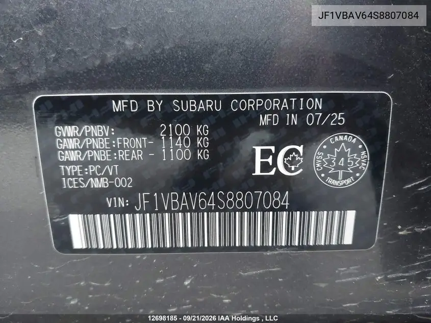 2025 SUBARU WRX VIN JF1VBAV64S8807084 — фото 19