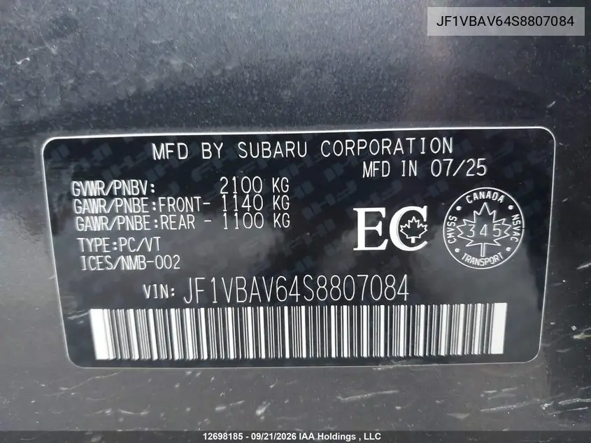 2025 SUBARU WRX VIN JF1VBAV64S8807084 — фото 9