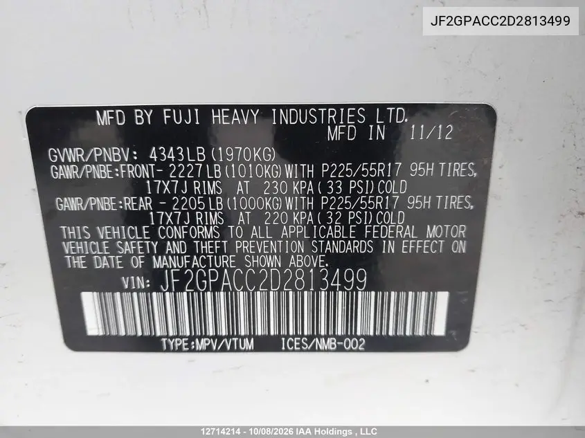 2013 SUBARU XV VIN JF2GPACC2D2813499 — фото 9