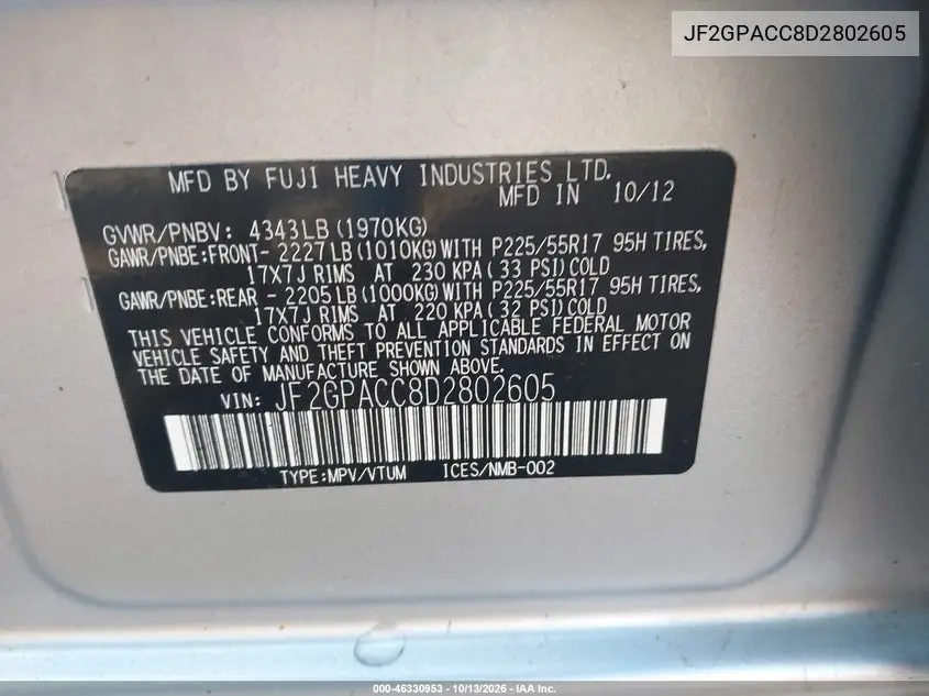2013 SUBARU XV VIN JF2GPACC8D2802605 — фото 9