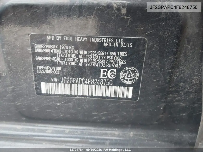 2015 SUBARU XV VIN JF2GPAPC4F8248750 — фото 9