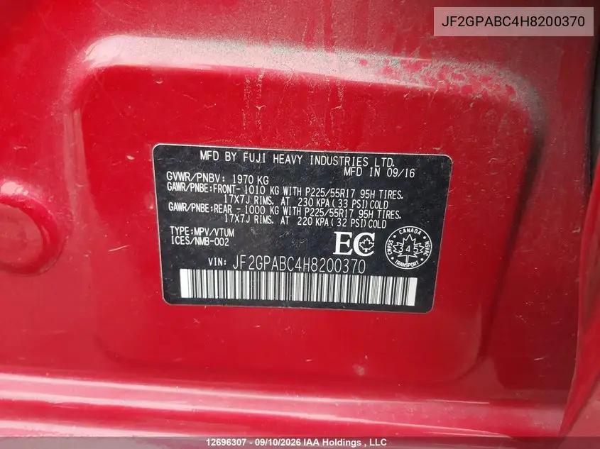 2017 SUBARU XV VIN JF2GPABC4H8200370 — фото 9