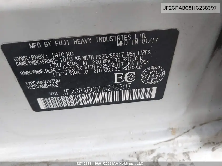 2017 SUBARU XV VIN JF2GPABC8HG238397 — фото 9