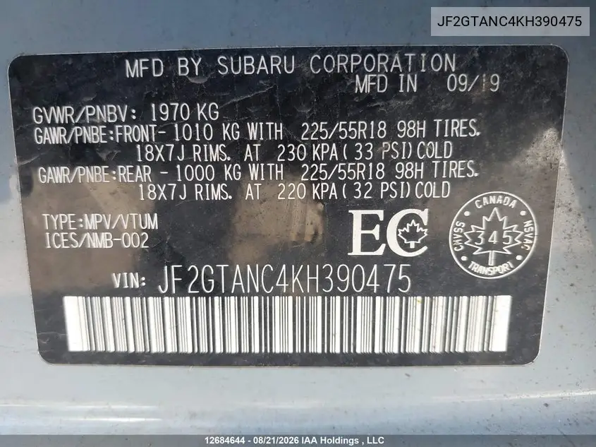 2019 SUBARU XV VIN JF2GTANC4KH390475 — фото 9
