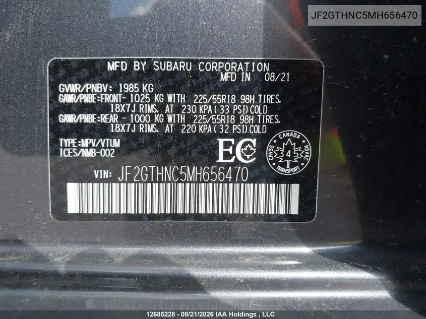2021 SUBARU XV VIN JF2GTHNC5MH656470 — фото 9