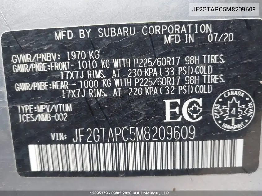 2021 SUBARU XV VIN JF2GTAPC5M8209609 — фото 18