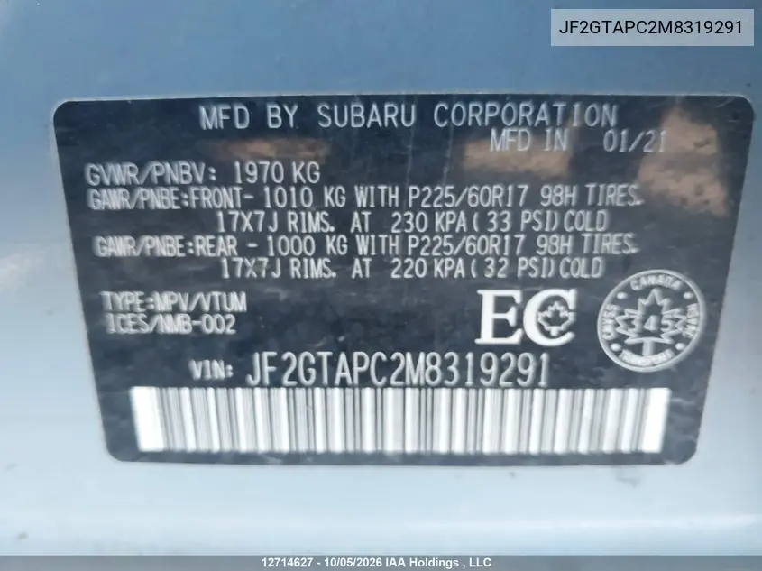 2021 SUBARU XV VIN JF2GTAPC2M8319291 — фото 9