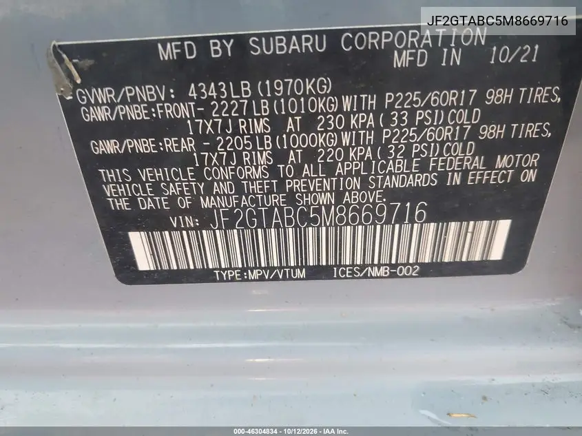 2021 SUBARU XV VIN JF2GTABC5M8669716 — фото 9