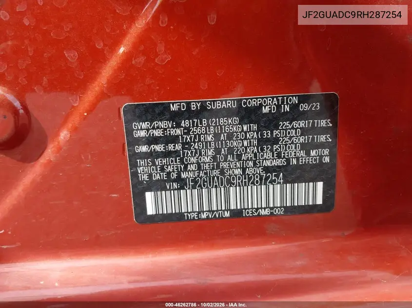 2024 SUBARU XV VIN JF2GUADC9RH287254 — фото 9
