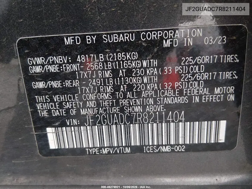 2024 SUBARU XV VIN JF2GUADC7R8211404 — фото 9