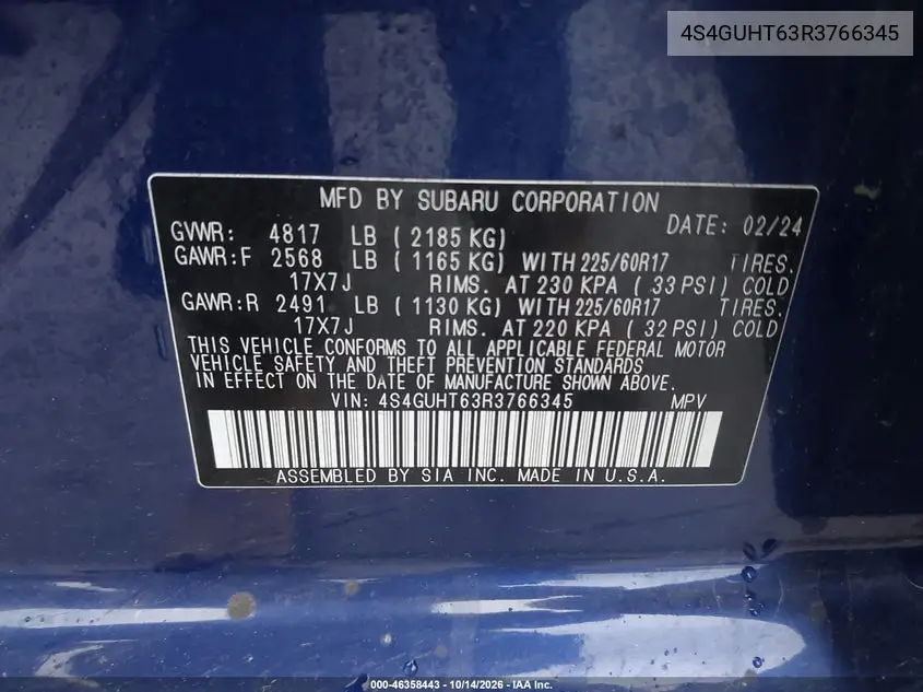 2024 SUBARU XV VIN 4S4GUHT63R3766345 — фото 10