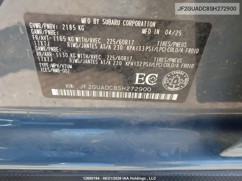 2025 SUBARU XV VIN JF2GUADC8SH272900 — фото 19