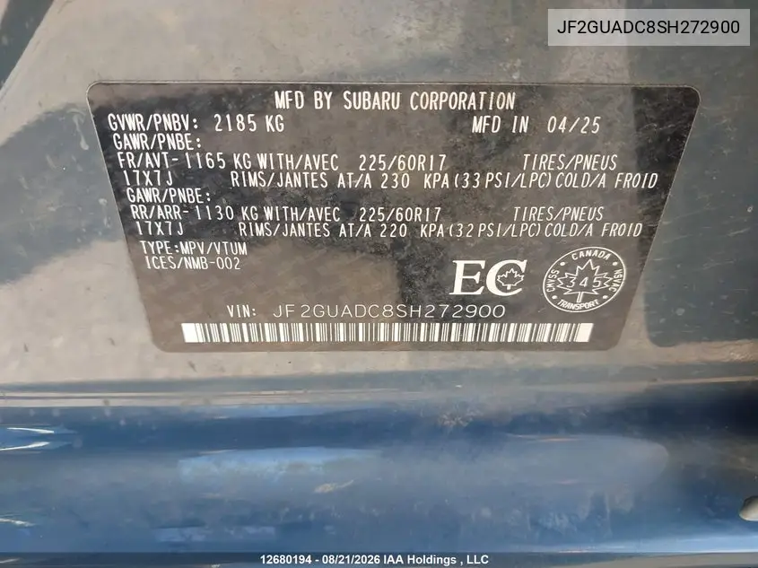 2025 SUBARU XV VIN JF2GUADC8SH272900 — фото 9