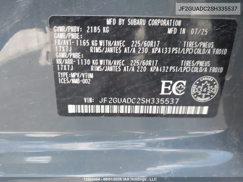 2025 SUBARU XV VIN JF2GUADC2SH335537 — фото 9
