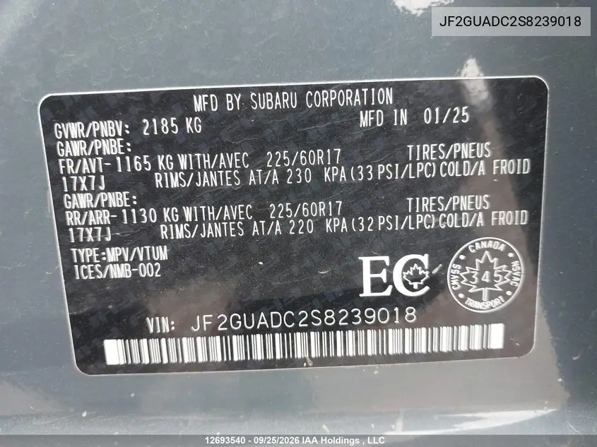 2025 SUBARU XV VIN JF2GUADC2S8239018 — фото 18