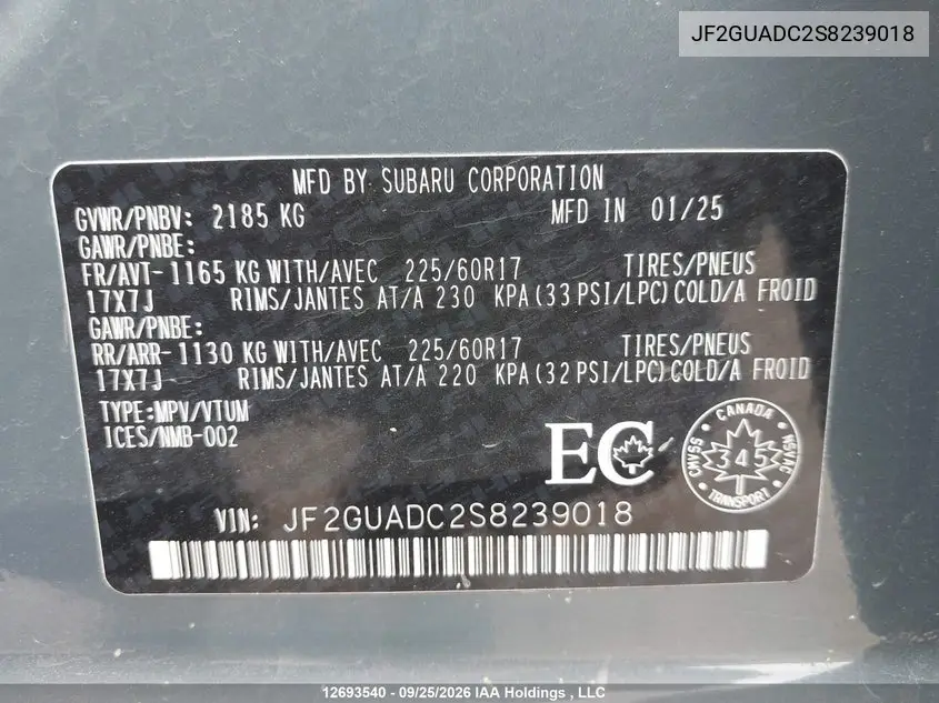 2025 SUBARU XV VIN JF2GUADC2S8239018 — фото 9