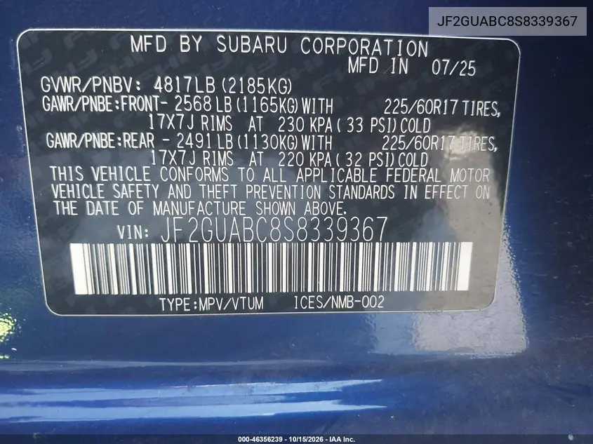 2025 SUBARU XV VIN JF2GUABC8S8339367 — фото 9