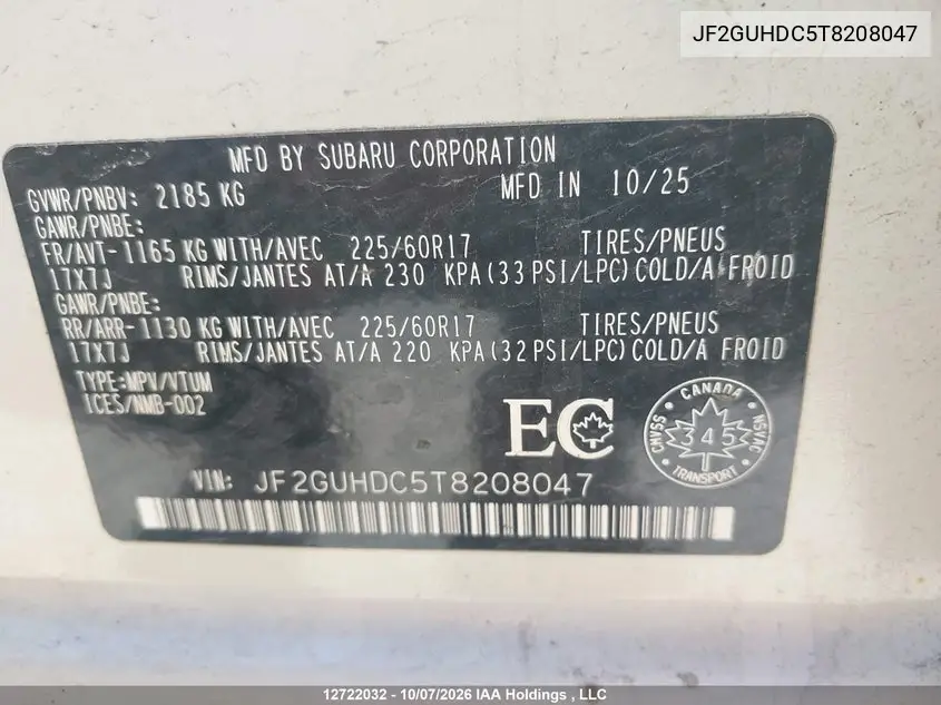 2026 SUBARU XV VIN JF2GUHDC5T8208047 — фото 9