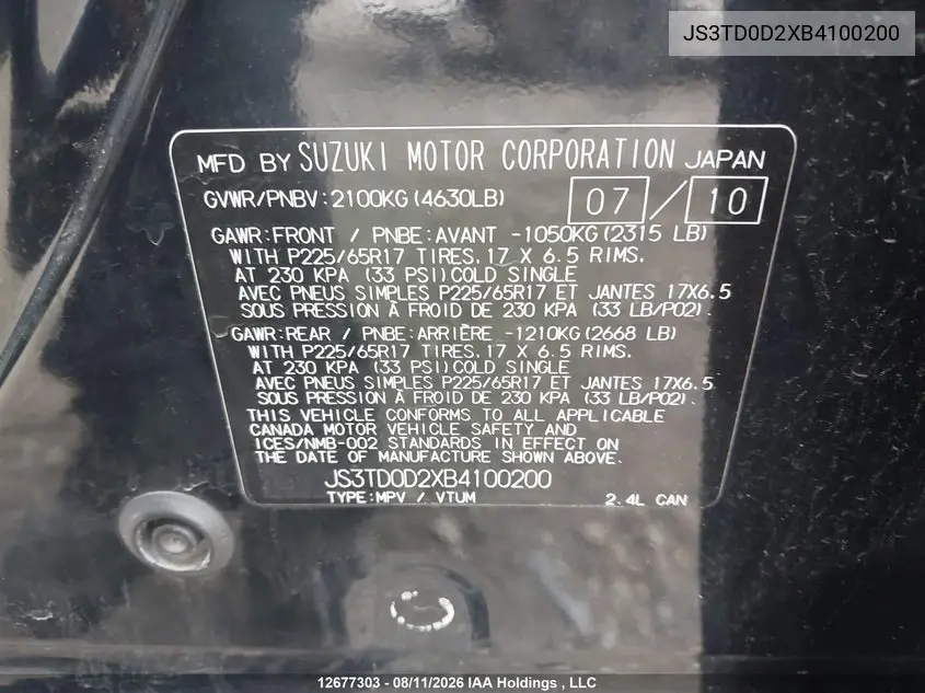 2011 SUZUKI GRAND VITARA VIN JS3TD0D2XB4100200 — фото 16