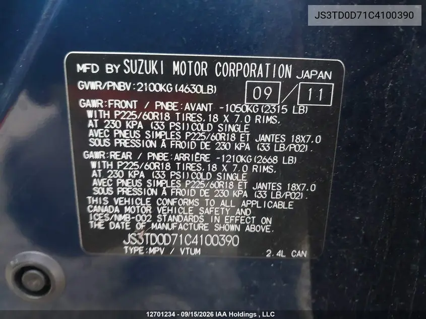 2012 SUZUKI GRAND VITARA VIN JS3TD0D71C4100390 — фото 9