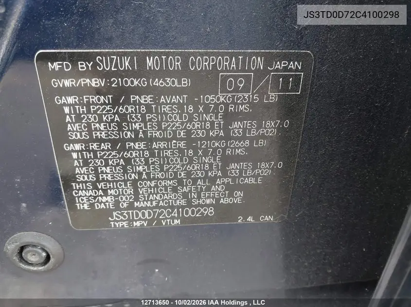 2012 SUZUKI GRAND VITARA VIN JS3TD0D72C4100298 — фото 17