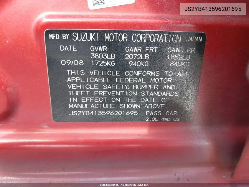 2009 SUZUKI SX4 VIN JS2YB413596201695 — фото 9
