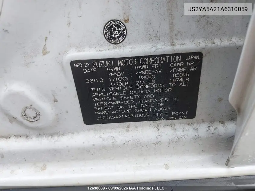 2010 SUZUKI SX4 VIN JS2YA5A21A6310059 — фото 9