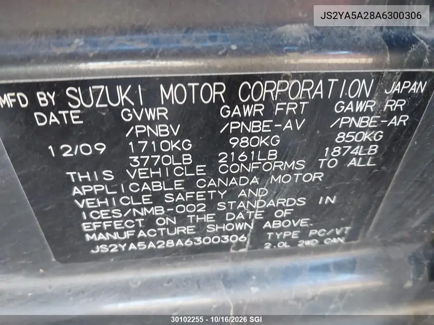 2010 SUZUKI SX4 VIN JS2YA5A28A6300306 — фото 9