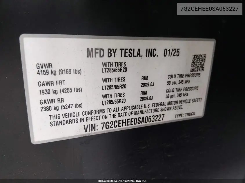 2025 TESLA CYBERTRUCK VIN 7G2CEHEE0SA063227 — фото 9