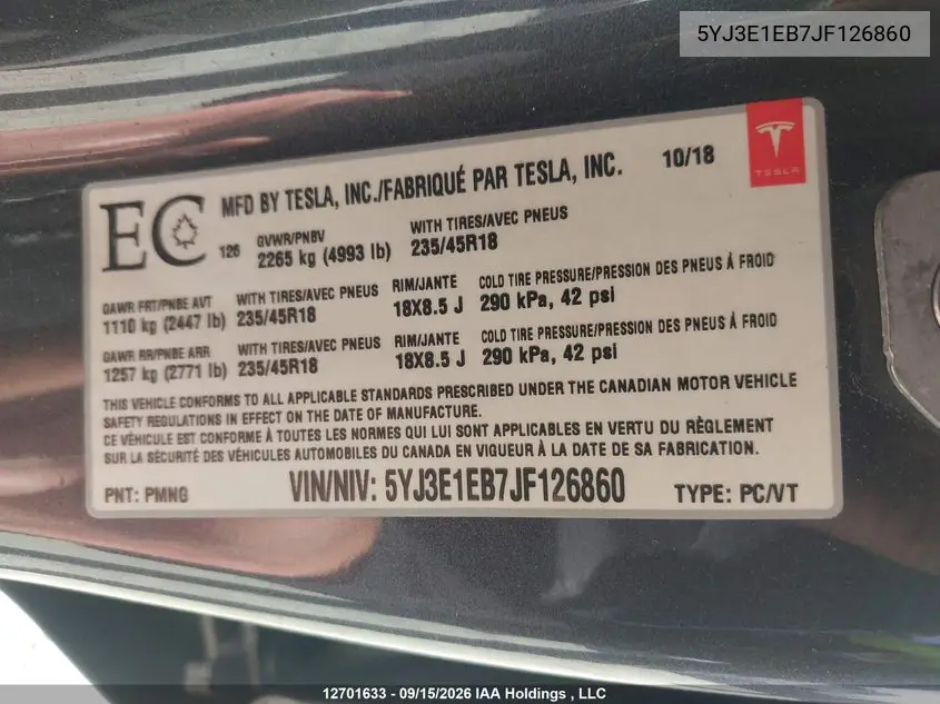 2018 TESLA MODEL 3 VIN 5YJ3E1EB7JF126860 — фото 9