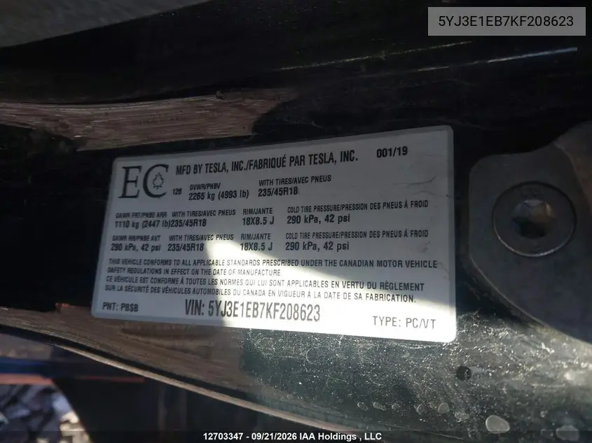 2019 TESLA MODEL 3 VIN 5YJ3E1EB7KF208623 — фото 20