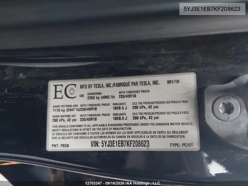 2019 TESLA MODEL 3 VIN 5YJ3E1EB7KF208623 — фото 10