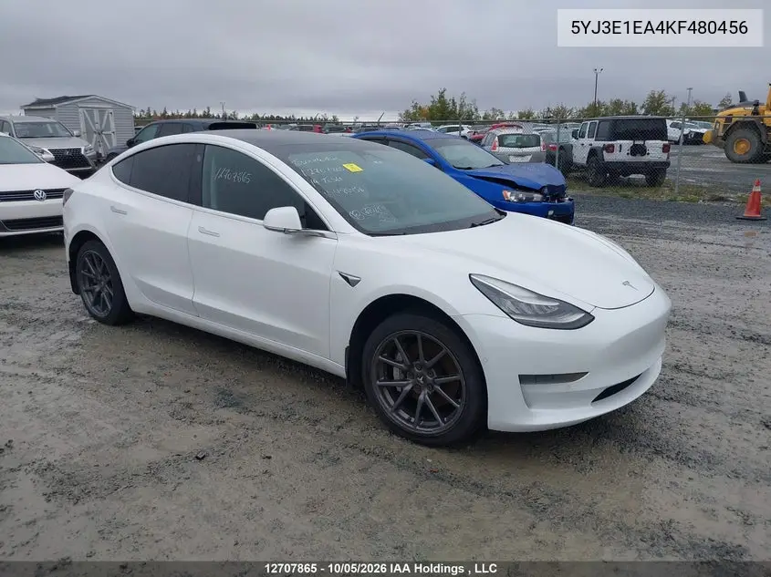 TESLA MODEL 3 2019, VIN 5YJ3E1EA4KF480456