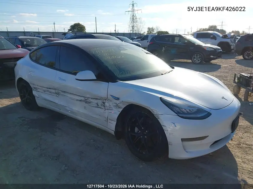 TESLA MODEL 3 2019, VIN 5YJ3E1EA9KF426022