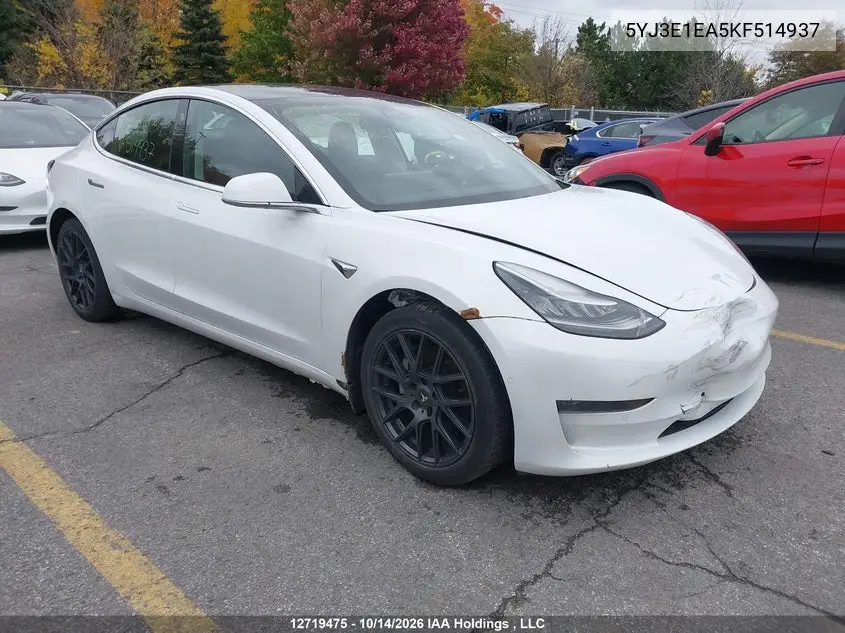 TESLA MODEL 3 2019, VIN 5YJ3E1EA5KF514937